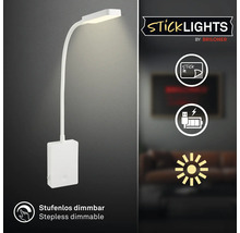 LED vägglampa för självhäftande montering, med uppladdningsbart batteri, USB anslutning och steglös dimring från Briloner.