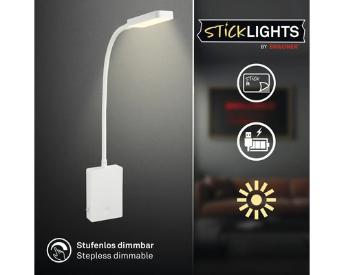 LED vägglampa för självhäftande montering, med uppladdningsbart batteri, USB anslutning och steglös dimring från Briloner.