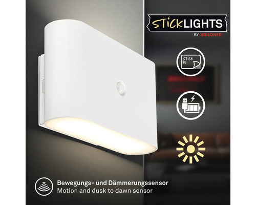 Stick Lights LED-vägglampa med rörelsesensor och skymningsrelä, batteridriven och uppladdningsbar via USB, enkel montering utan borrning.