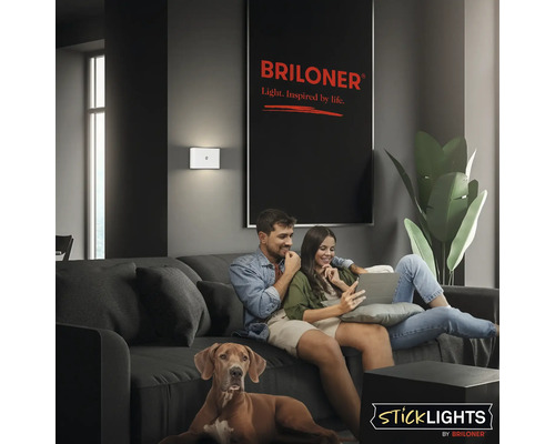 Ett par sitter med en hund i en soffa i vardagsrummet, på väggen är en Briloner vägglampa monterad och Briloner logotypen syns.
