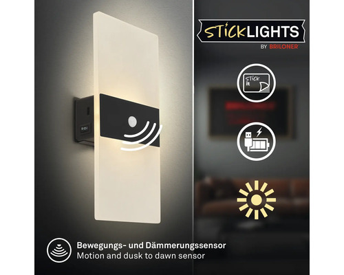 LED vägglampa med rörelsesensor och skymningssensor, laddningsbar via USB, enkel montering genom limning från Briloner Sticklights