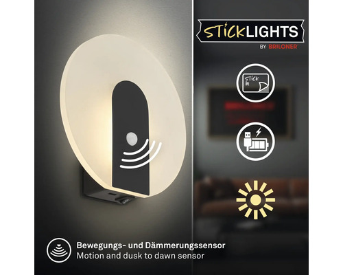 Rund LED vägglampa Stick Lights från Briloner med rörelsesensor, skymningsrelä och uppladdningsbart batteri via USB.