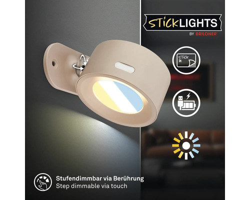 Vägglampa Sticklights från Briloner med självhäftande montering, uppladdningsbart batteri och touchdimmer.