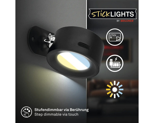 Briloner Sticklights LED vägglampa med självhäftande montering, USB batteri, touchdimmer och vridbart lamphuvud.