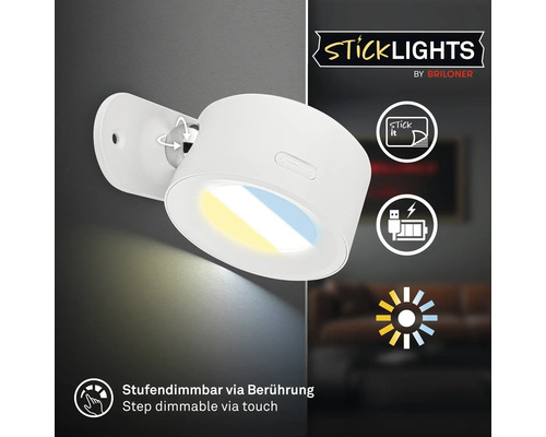 LED vägglampa Sticklights från Briloner med självhäftande funktion, uppladdningsbart batteri och touch-dimmer.