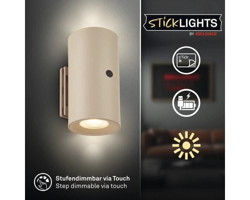 Vägglampa Sticklights från Briloner med självhäftande montering, USB uppladdningsbart batteri och touch dimfunktion.