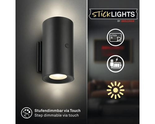Vägglampa Sticklights från Briloner med stegvis dimring via touch, självhäftande och laddningsbar via USB.