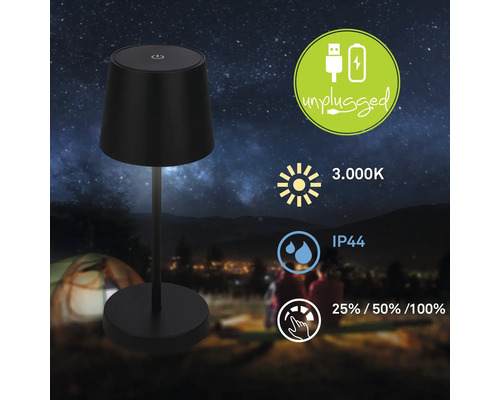 Sladdlös LED-bordslampa med batteri, 3000 Kelvin, kapslingsklass IP44 och dimfunktion i tre steg.