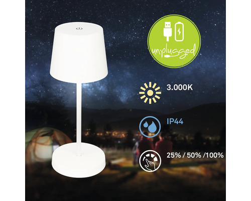 Bärbar LED bordslampa med batteri, 3000 Kelvin varmvitt ljus, IP44 stänkskydd och dimbar i tre nivåer för utomhusbruk.