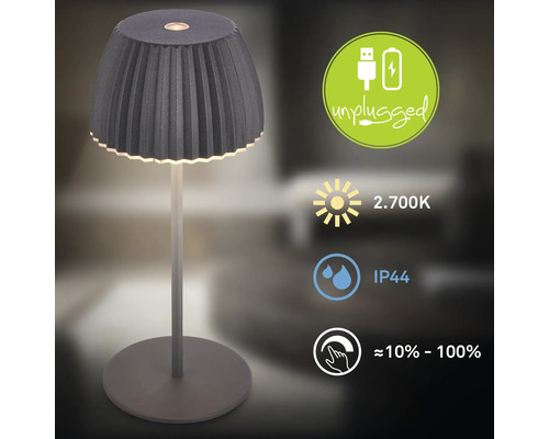 Modern uppladdningsbar LED-bordslampa med plisserad skärm, laddas via USB, varmvitt ljus 2700 Kelvin, IP44 stänkskyddad och dimbar.