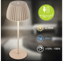 Dekorativ bordslampa med veckad skärm, laddningsbar via USB, varmvitt ljus 2700 Kelvin, skyddsklass IP44 och steglöst dimbar.