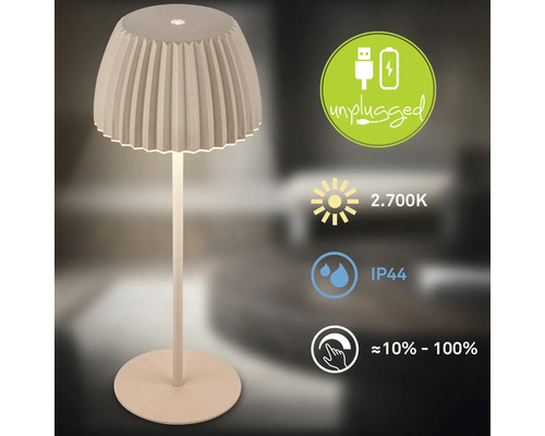 Dekorativ bordslampa med veckad skärm, laddningsbar via USB, varmvitt ljus 2700 Kelvin, skyddsklass IP44 och steglöst dimbar.