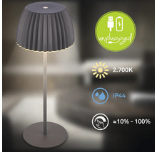 Dimbar batteridriven LED-bordslampa med plisserad skärm, 2700 Kelvin, IP44-klassad för inomhus- och utomhusbruk, trådlöst laddningsbar via USB.