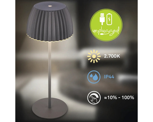 Dimbar batteridriven LED-bordslampa med plisserad skärm, 2700 Kelvin, IP44-klassad för inomhus- och utomhusbruk, trådlöst laddningsbar via USB.