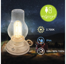 Dekorativ uppladdningsbar LED-bordslampa i antik lyktadesign med USB-laddning, 2700 Kelvin varmvitt ljus och skyddsklass IP44.