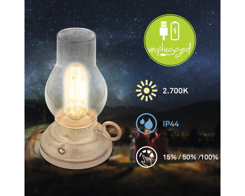 Dekorativ uppladdningsbar LED-bordslampa i antik lyktadesign med USB-laddning, 2700 Kelvin varmvitt ljus och skyddsklass IP44.
