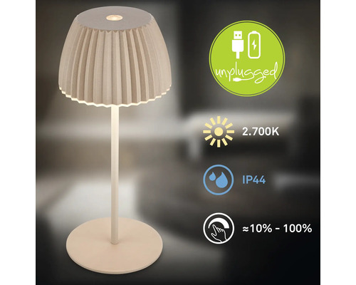 Modern bordslampa med batteridrift, skärm med veckad design, varmvitt ljus på 2700 Kelvin, kapslingsklass IP44 och dimningsfunktion.