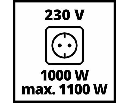Symbol för nätanslutning 230 volt med en effekt på 1000 watt och maximalt 1100 watt.