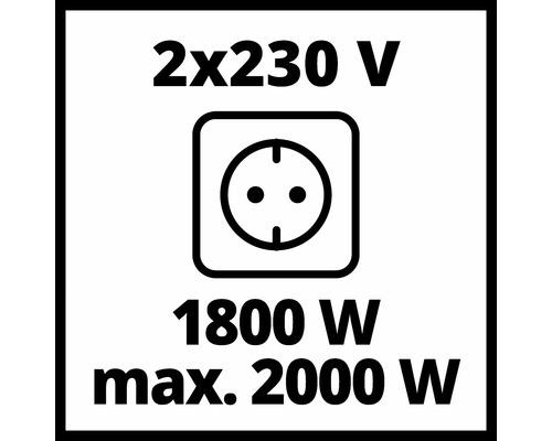 Symbol för två eluttag med 230 volt spänning, 1800 watt nominell effekt och 2000 watt maximal effekt.