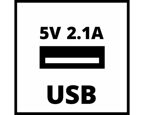 Symbol för USB anslutning med 5 Volt och 2,1 Ampere uteffekt