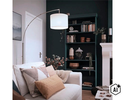 Modern båglampa med tygskärm bredvid en soffa i ett mysigt vardagsrum med mörk bokhylla och öppen spis. (Image AI modified or generated)