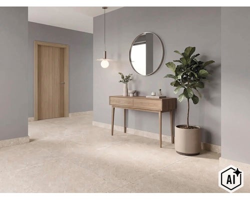 Modern hall med beige klinker i stenutseende, en konsol i trä, en rund väggspegel, en pendellampa och en krukväxt. (Image AI modified or generated)