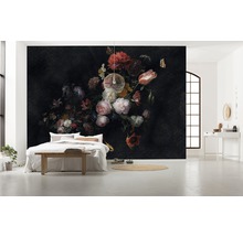 Sovrum med fototapet med blomstermotiv i mörk stil