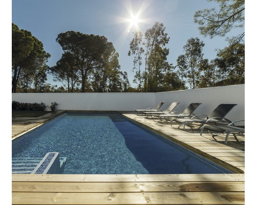 Utomhuspool med trädäck och solstolar framför träd