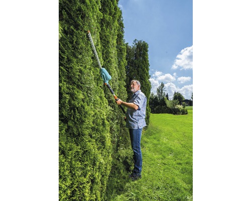 Man klipper häck med en häcksax