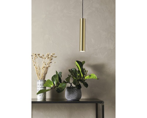 Scen med en cylindrisk hänglampa, växter och dekorativa föremål på ett bord.