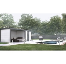 Trädgård med pool, grill, trädgårdshus och solstolar