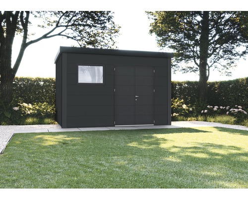 Redskapsbod TELLURIA Classico 3930 inkl. hängränna, fönster 388x298cm granitgrå Metallträdgårdshus med fönster och dubbeldörr i trädgården