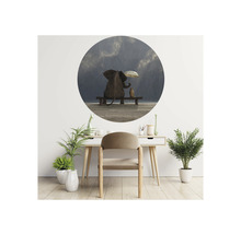 Väggdekal med elefant och fågel i regn ovanför ett skrivbord