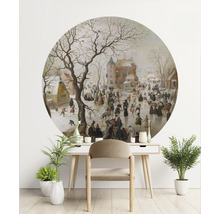 Väggdekoration med historisk målning av ett vinterislandskap ovanför ett skrivbord
