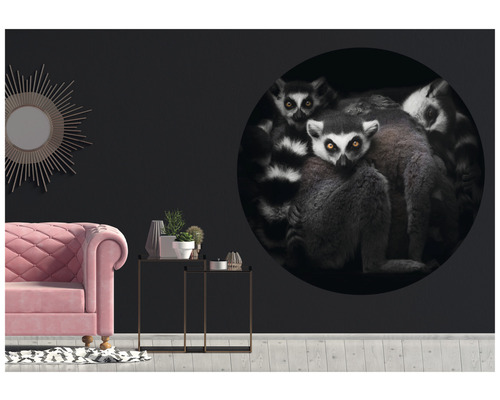 Vardagsrum med rosa soffa, sidobord och en vägg med en stor, rund väggdekal som visar lemurer