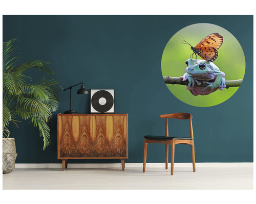 Väggdekal med groda och fjäril i vardagsrumsmiljö.
