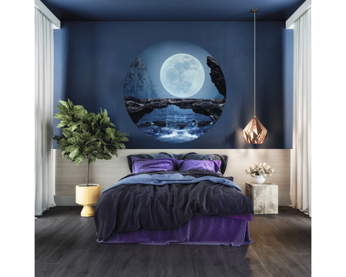 Sovrum med säng, väggmålning med måntema och krukväxt