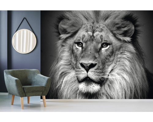 Vardagsrum med fåtölj, spegel och fototapet med lejonmotiv