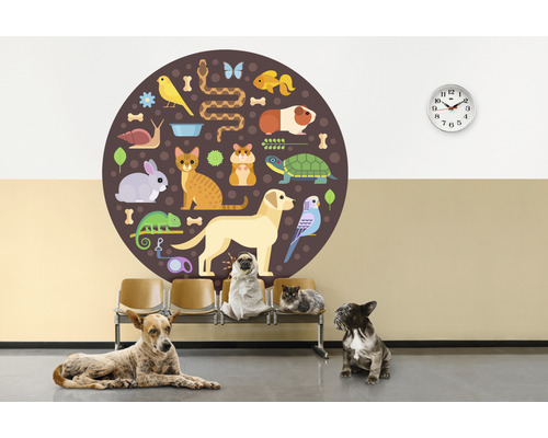 Illustration av ett väntrum för husdjur med djur och väggdekal