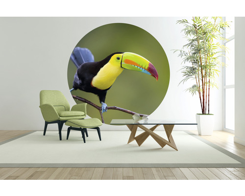 Vardagsrum med fåtölj, pall, bord och väggdekor med en tukan
