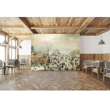 Interiör av en restaurang med en fototapet som visar ett vinterlandskap