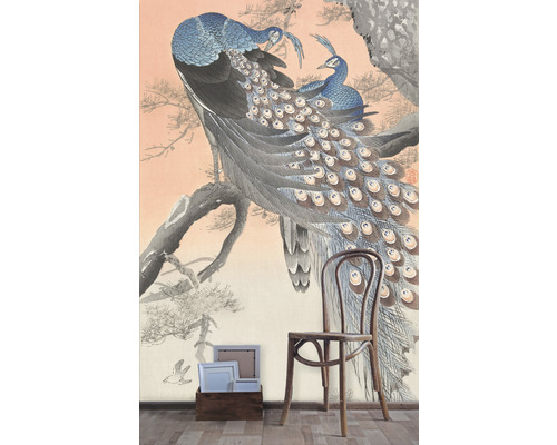 Tapet med påfågelmotiv och trästol i rummet