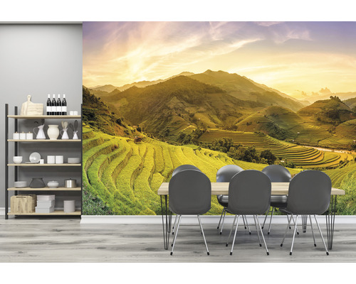 Matsal med väggmålning av risfält, hylla och matbord med stolar