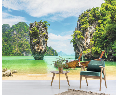 Fototapet med tropiskt ölandskap, thailändska båtar och klippor