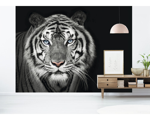 Vägg med fototapet av en tiger i svartvitt.