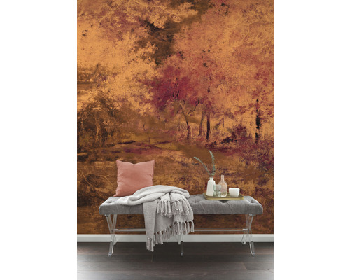 Rumsdesign med skogstapet, bänk, kudde och filt