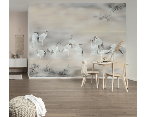 Rumsvy med fototapet med tranmotiv