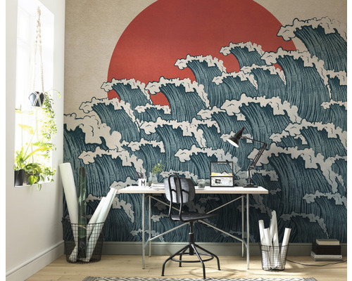 Kontor med en fototapet med ett vågmönster och en röd sol.