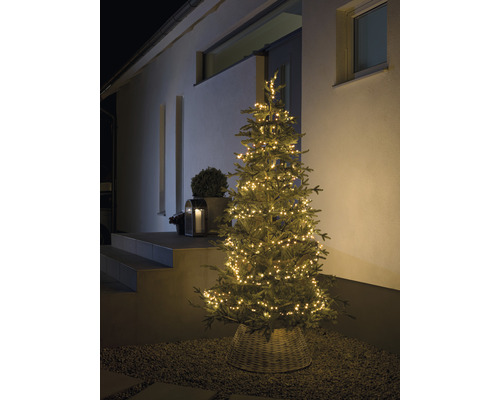 Belyst julgran utomhus framför ett hus.