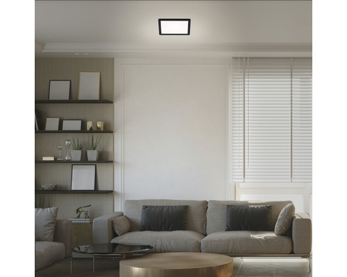 Vardagsrum med soffa, hyllor och en rektangulär taklampa